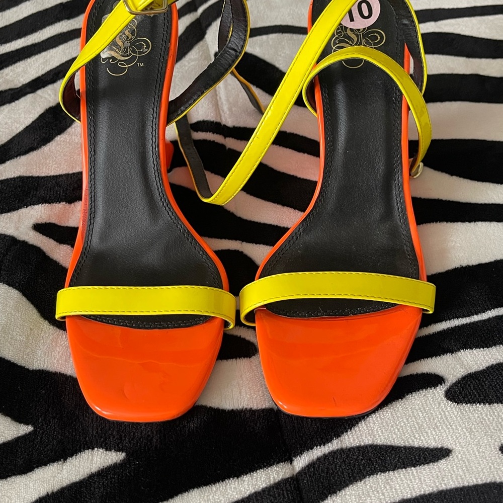 Vibrant Orange and Yellow Strappy Heels